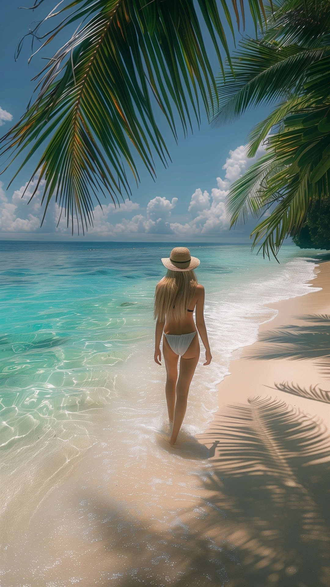 Blonde woman with hat on caribbean palm beach