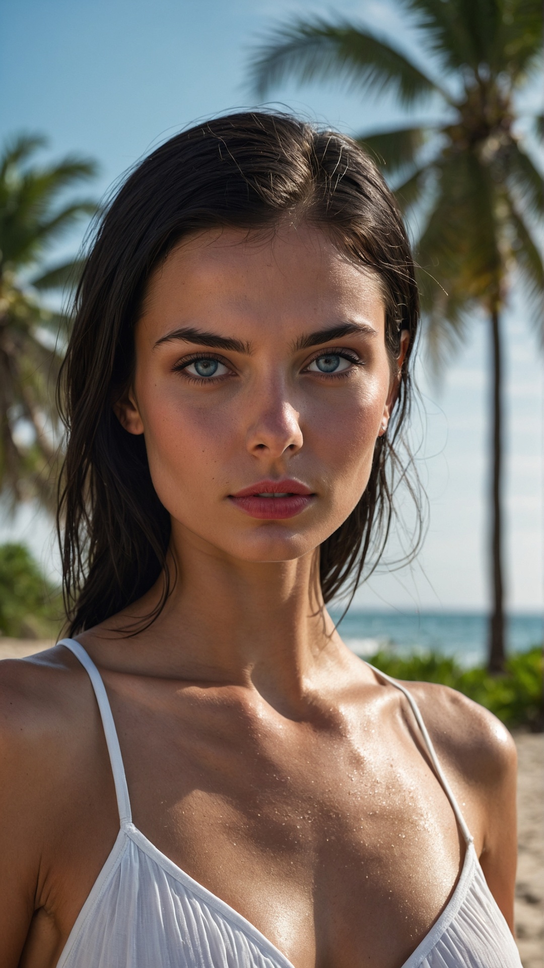 Brunette woman on palm beach