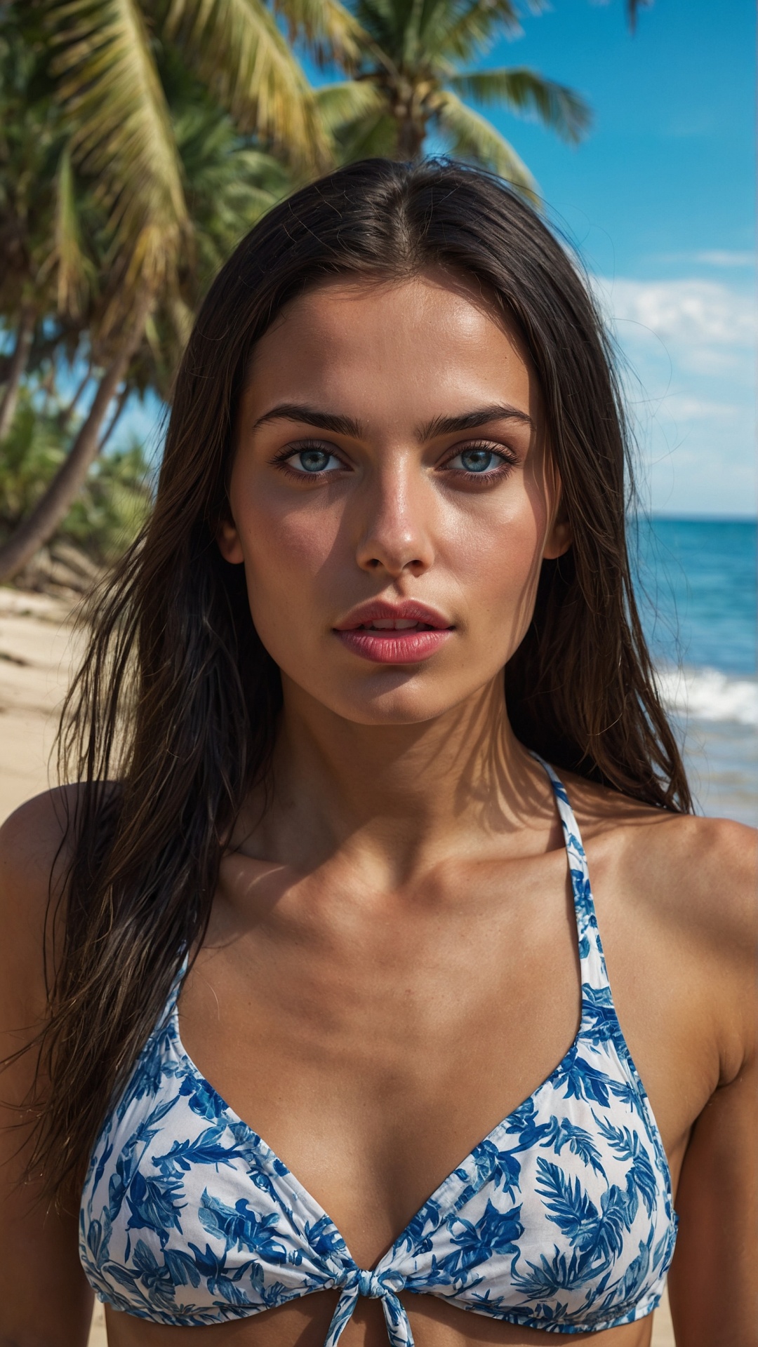 Brunette woman on palm beach