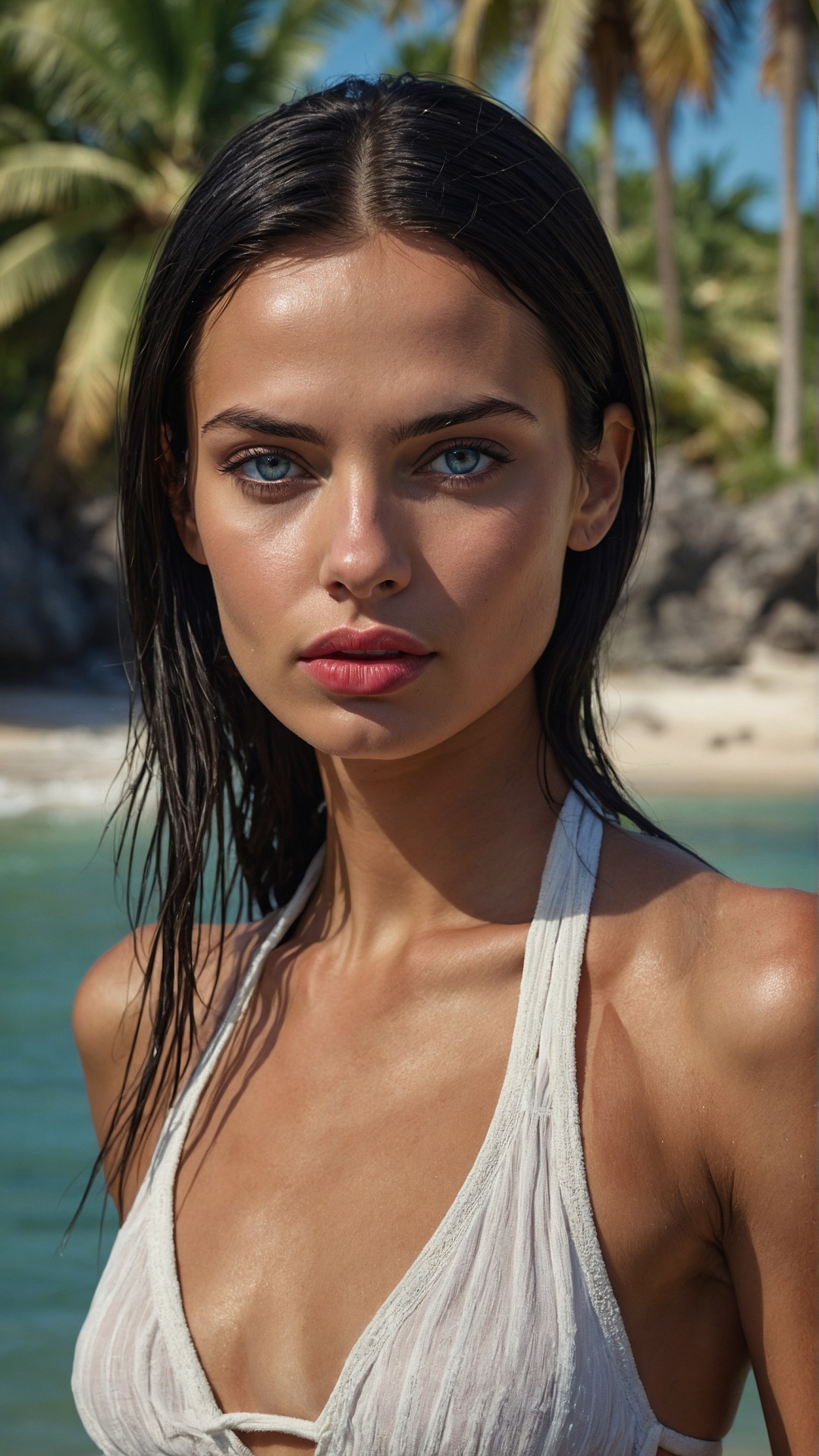Brunette woman on palm beach