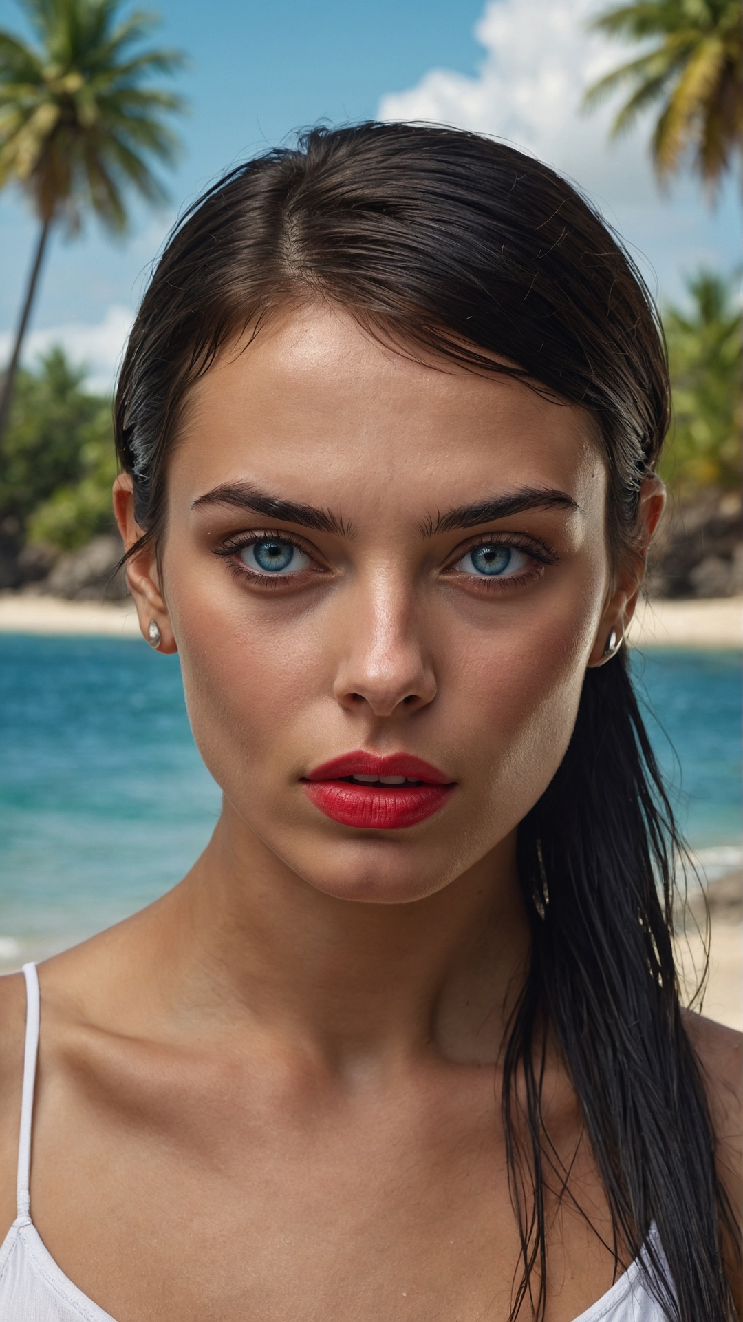 Brunette woman on palm beach