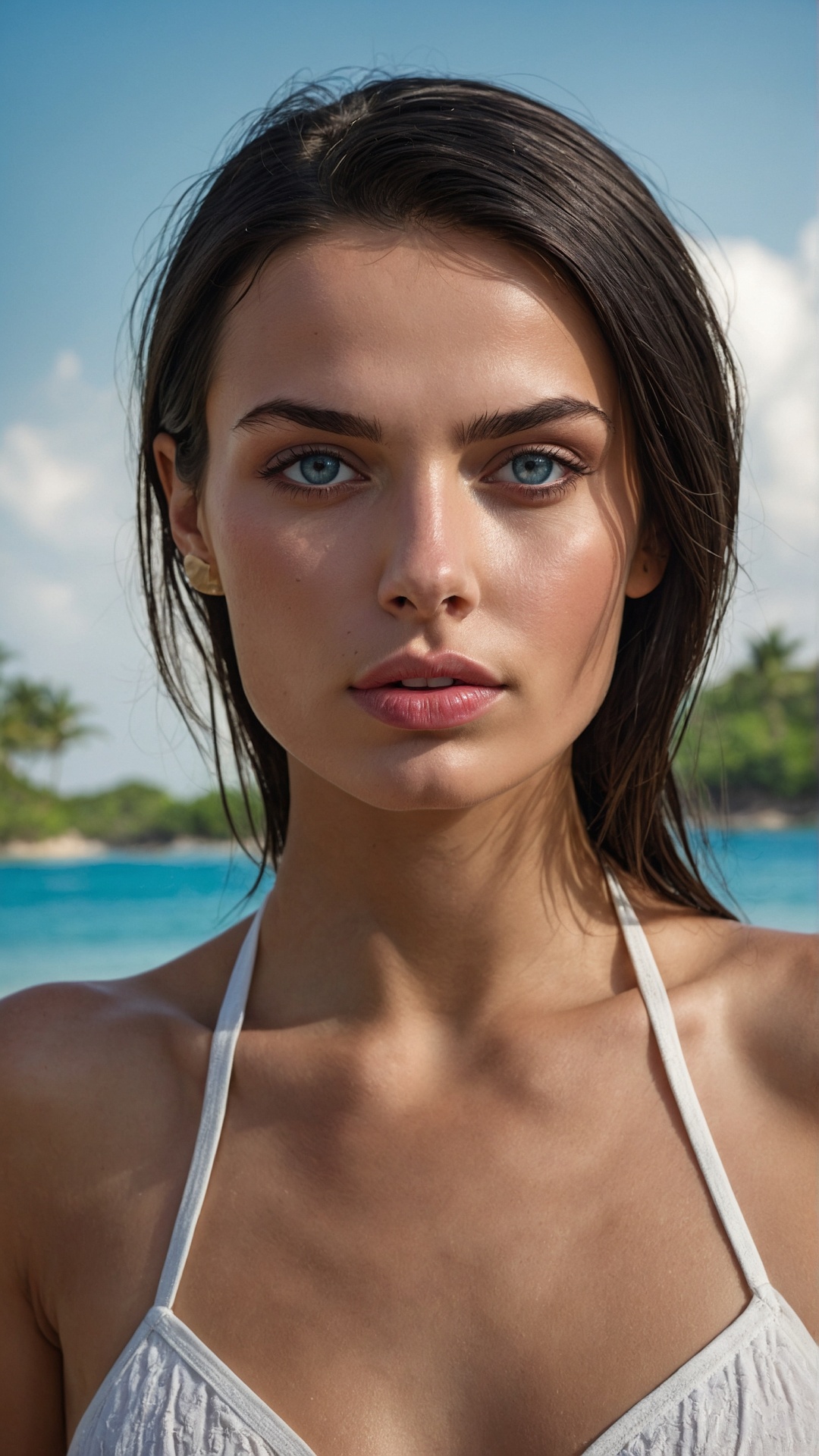 Brunette woman on palm beach