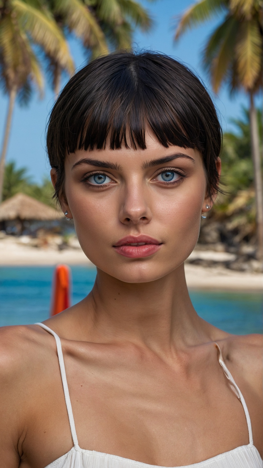 Brunette woman on palm beach