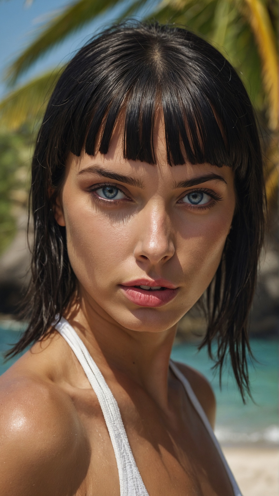 Brunette woman on palm beach