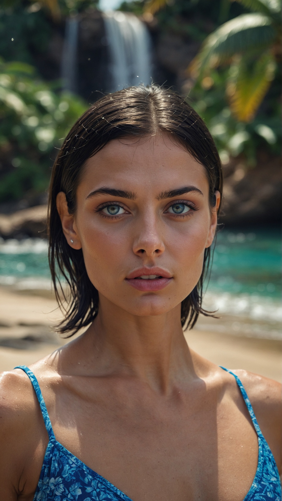 Brunette woman on palm beach