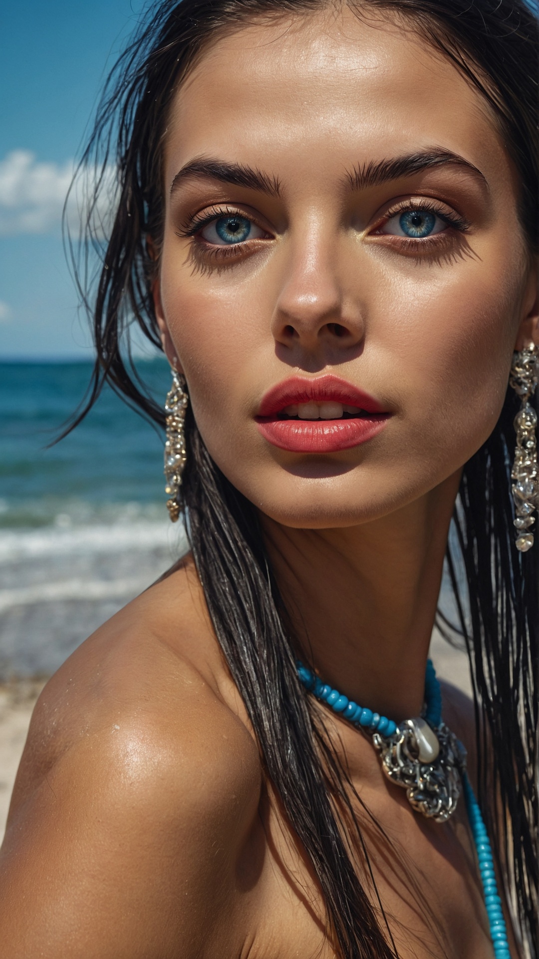 Brunette woman on palm beach