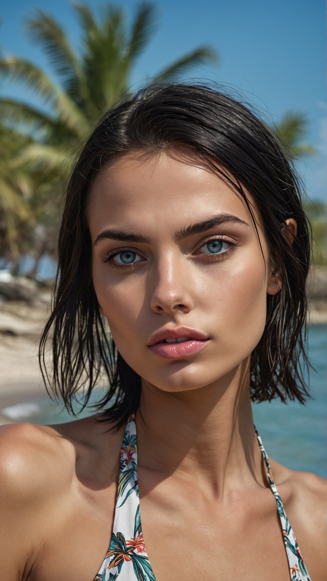 Brunette woman on palm beach