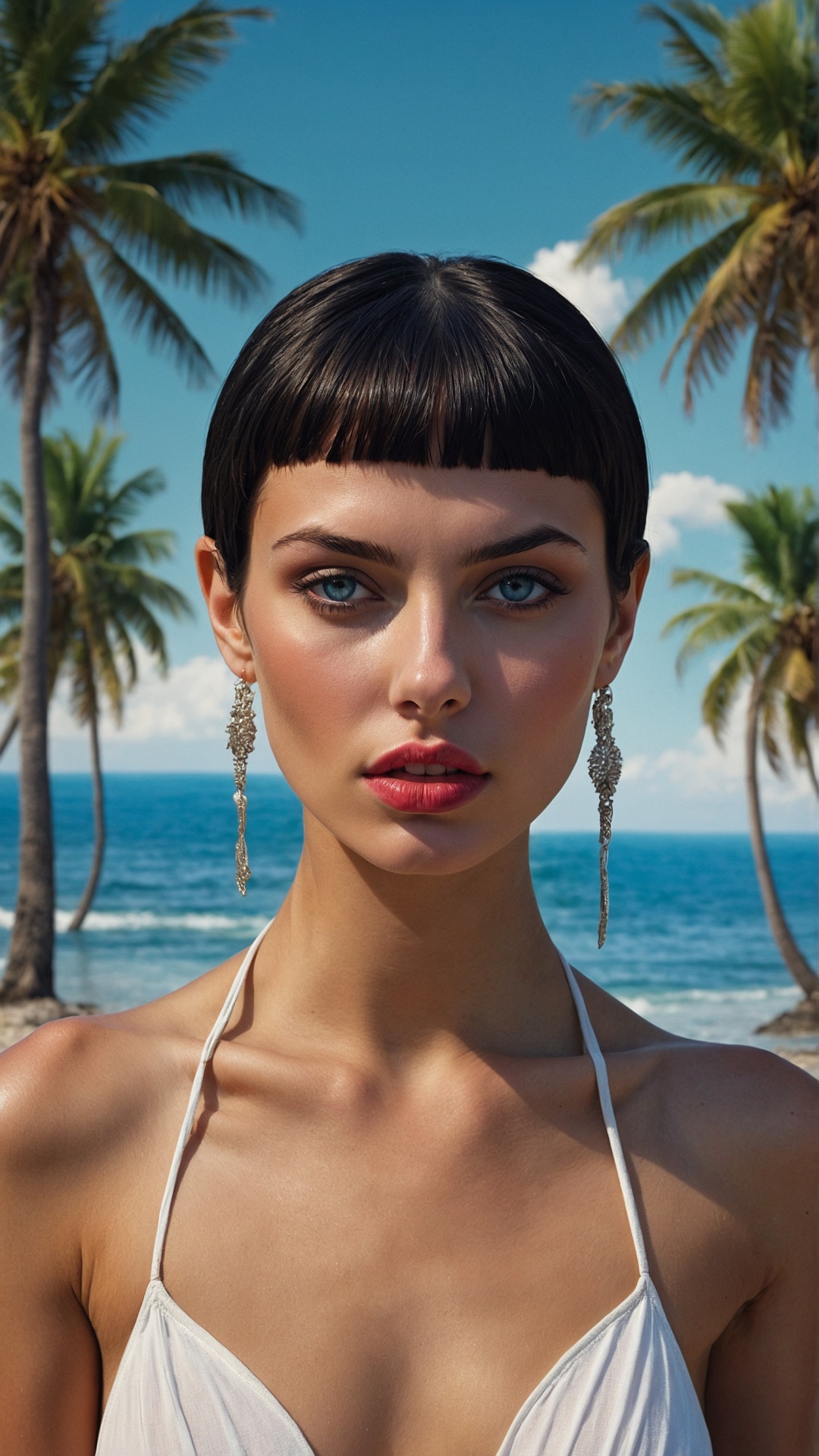 Brunette woman on palm beach