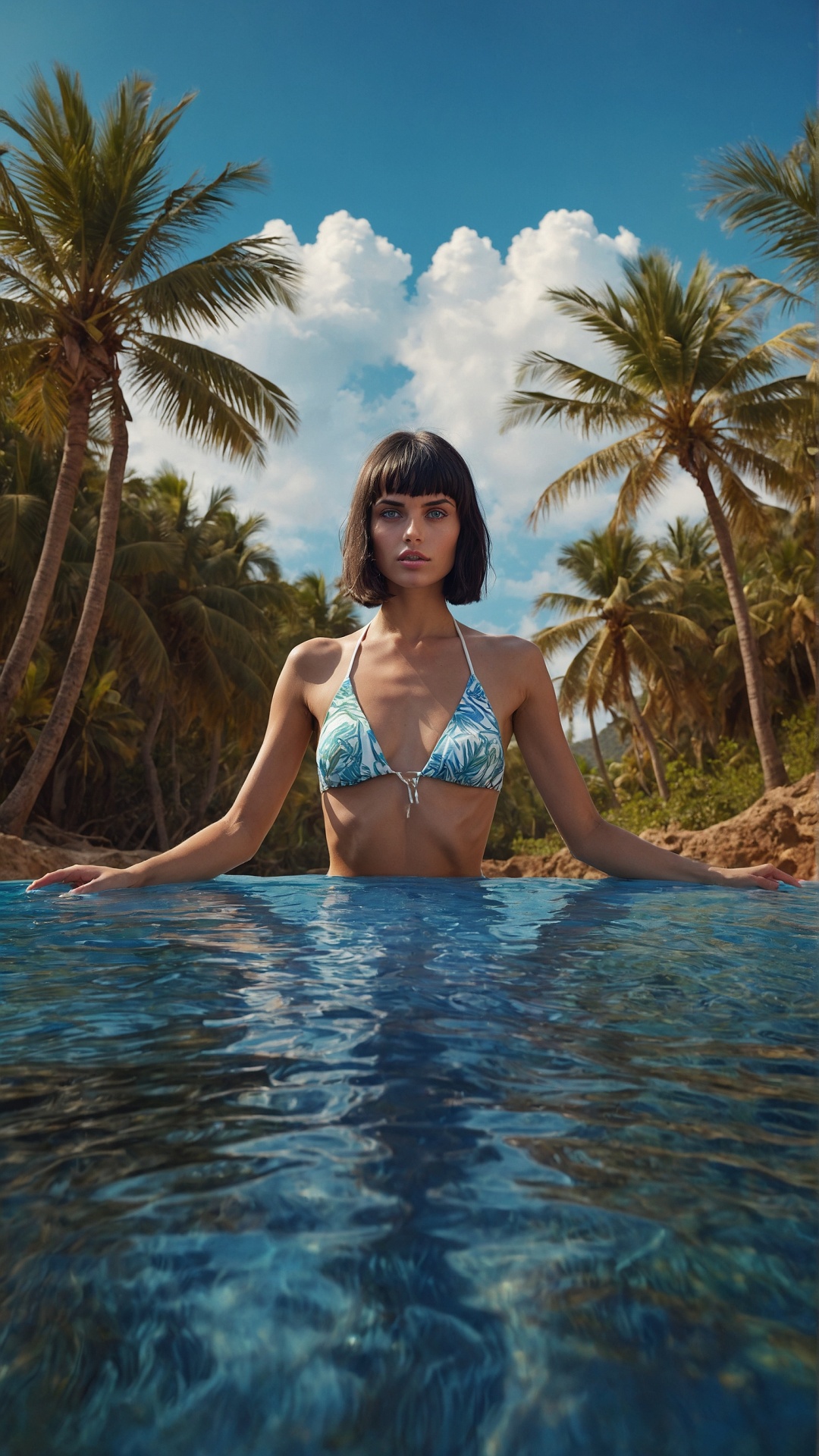 Brunette woman on palm beach