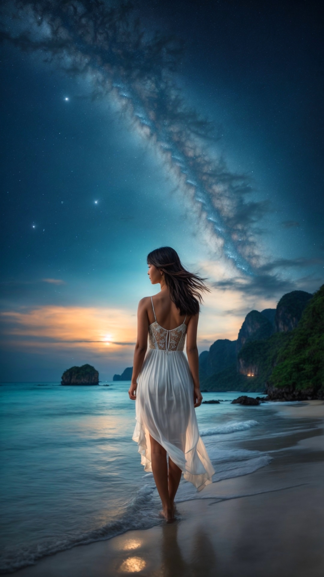 Woman on the beach at night with starry sky