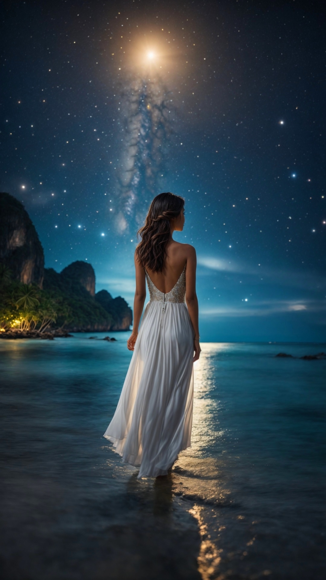Woman on the beach at night with starry sky