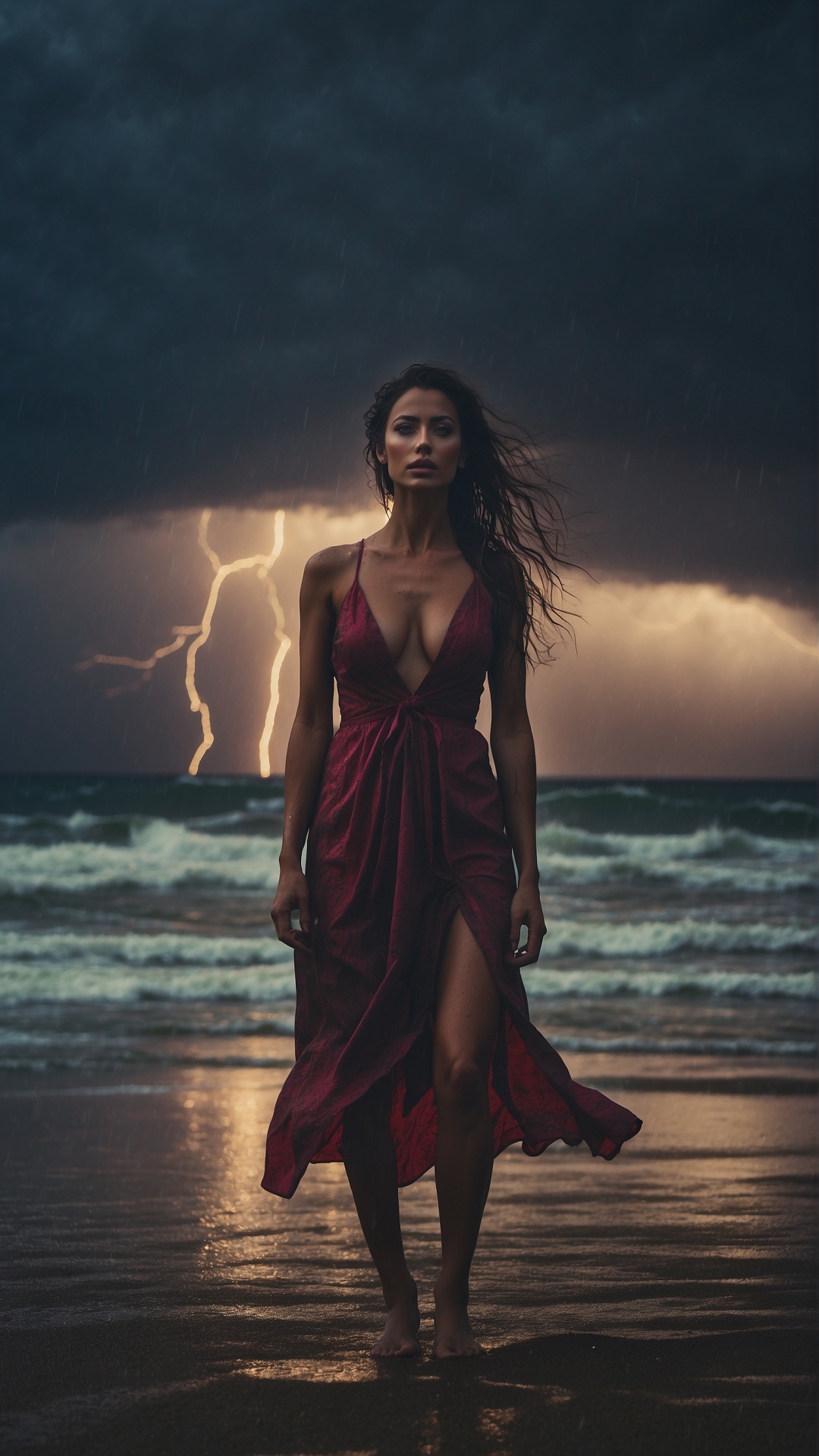 Woman on a rainy beach with stormy seas and lightning