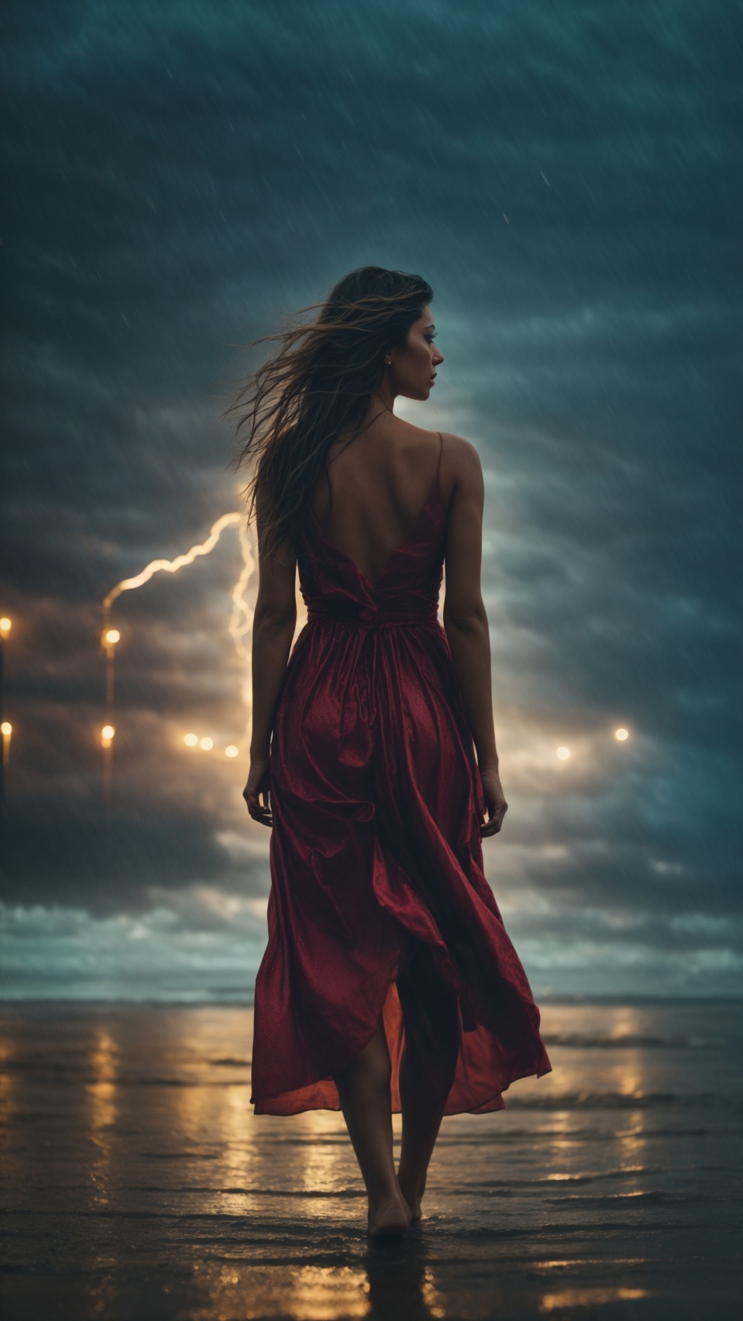 Woman on a rainy beach with stormy seas and lightning