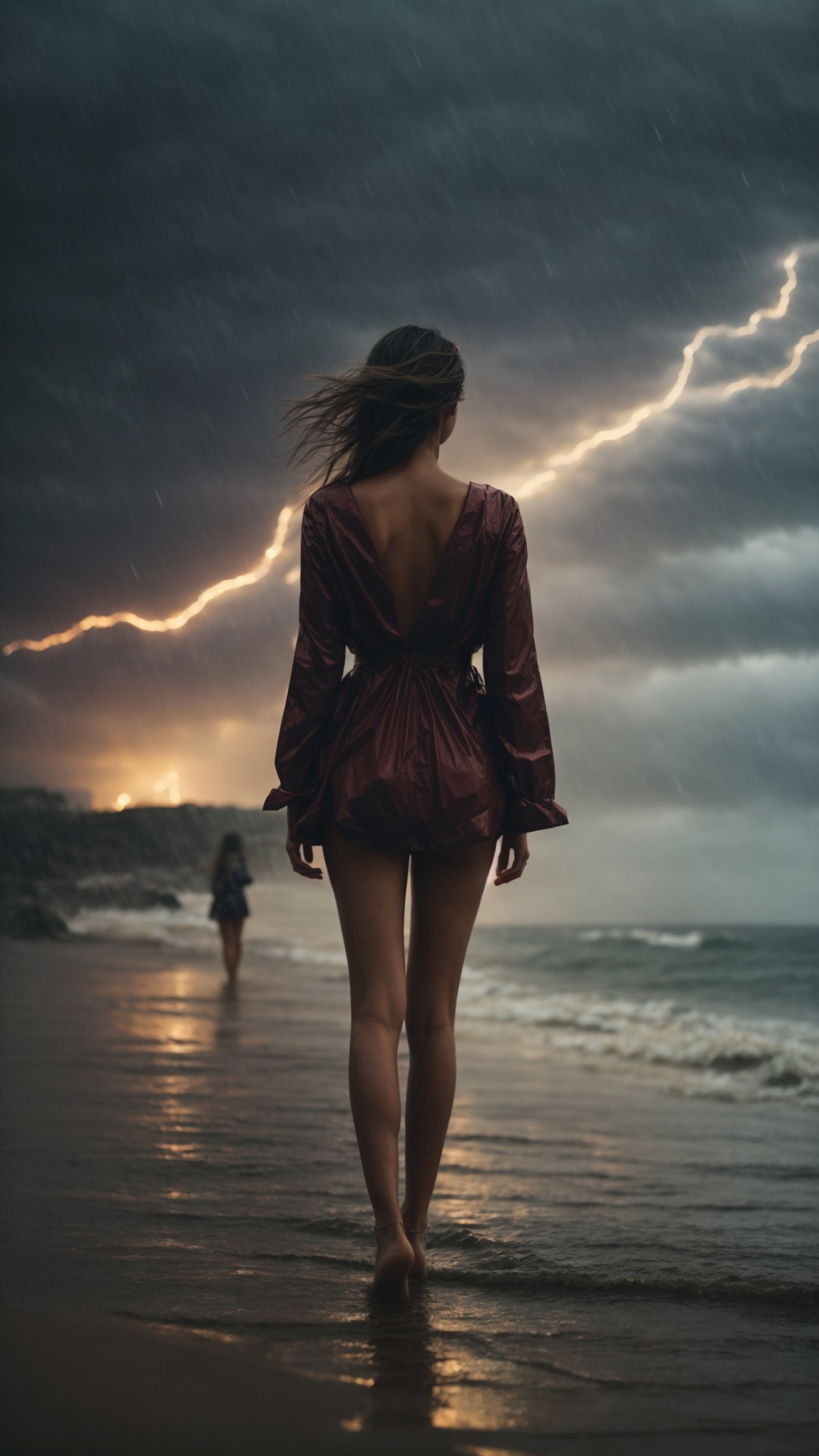 Woman on a rainy beach with stormy seas and lightning