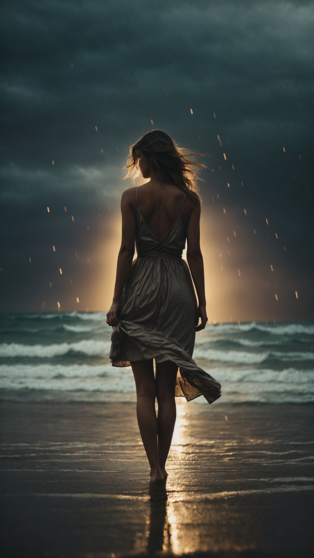 Woman on a rainy beach with stormy seas and lightning