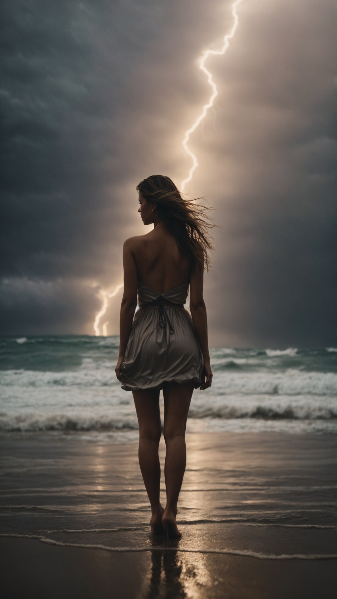 Woman on a rainy beach with stormy seas and lightning