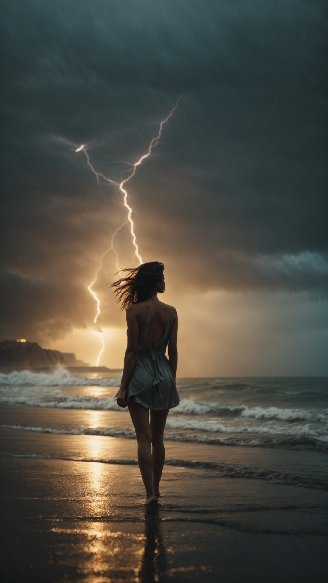 Woman on a rainy beach with stormy seas and lightning