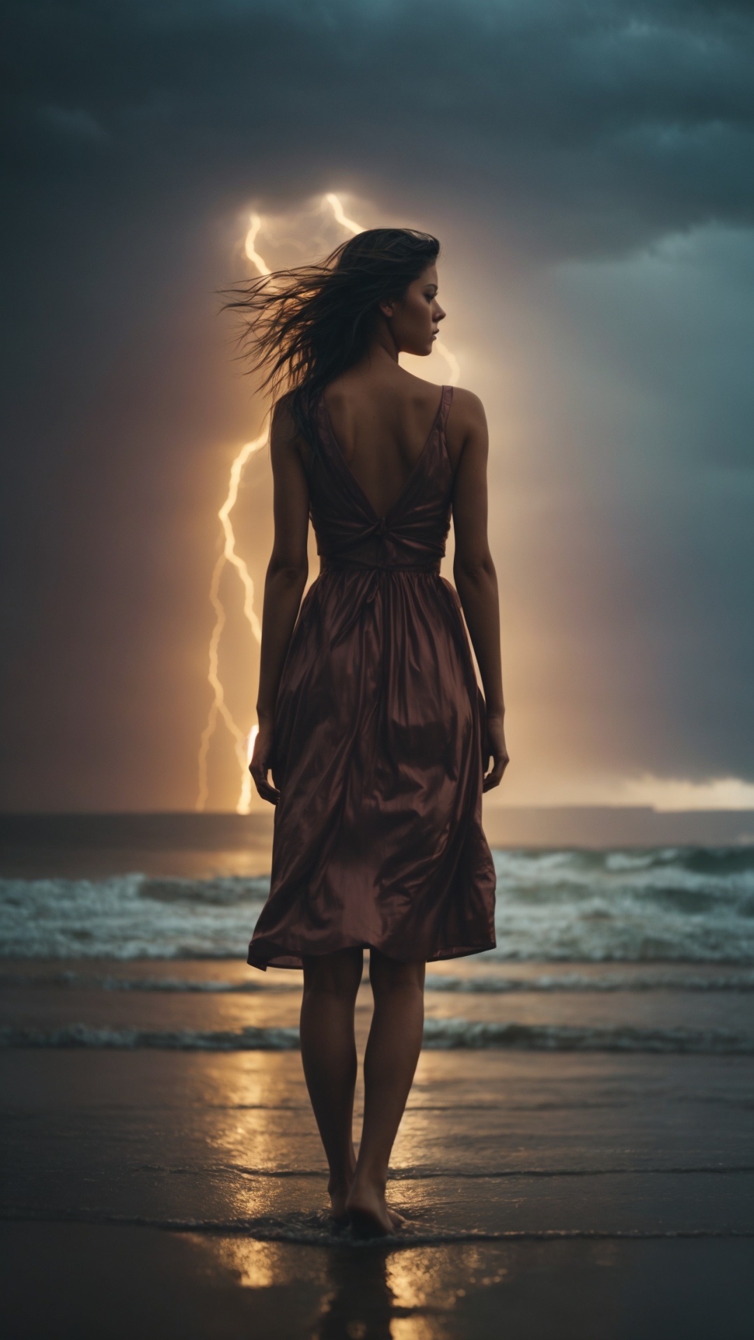 Woman on a rainy beach with stormy seas and lightning