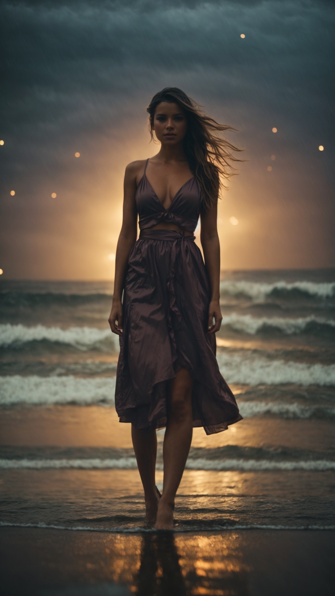 Woman on a rainy beach with stormy seas and lightning