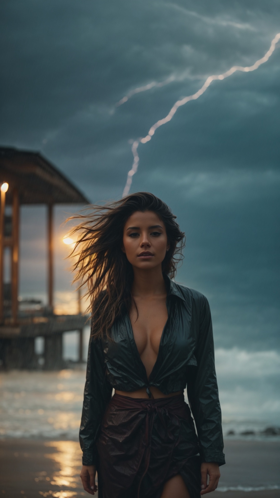 Woman on a rainy beach with stormy seas and lightning