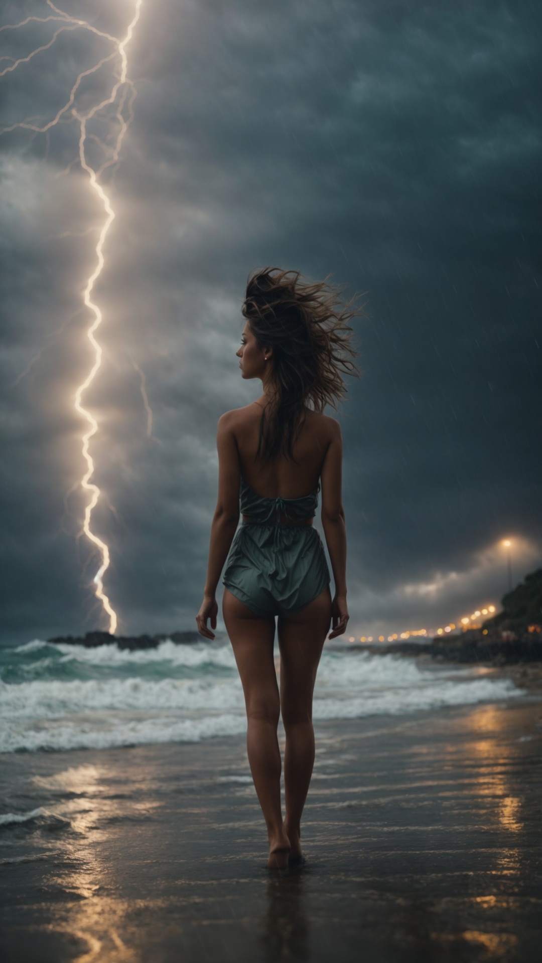 Woman on a rainy beach with stormy seas and lightning