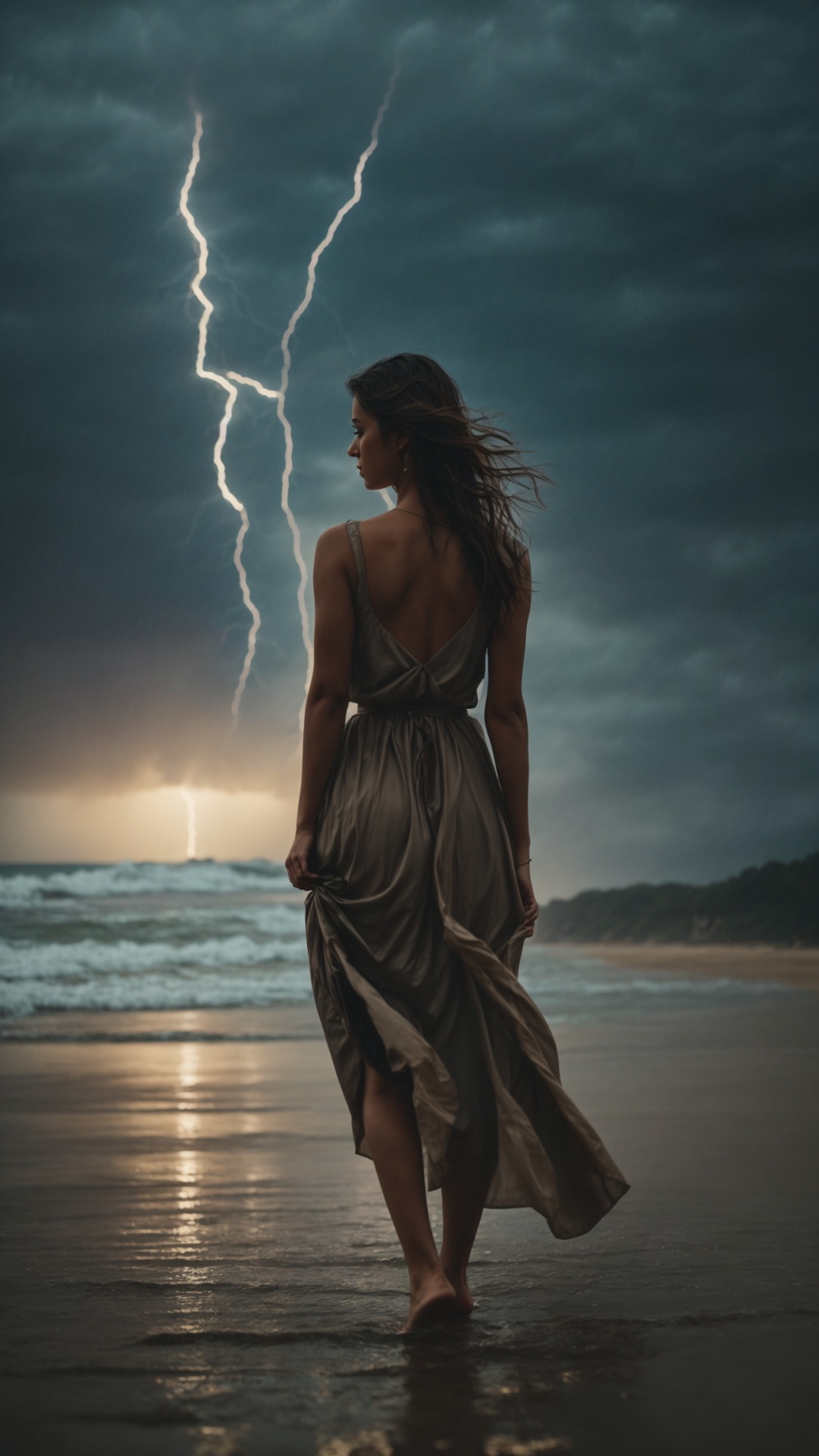 Woman on a rainy beach with stormy seas and lightning