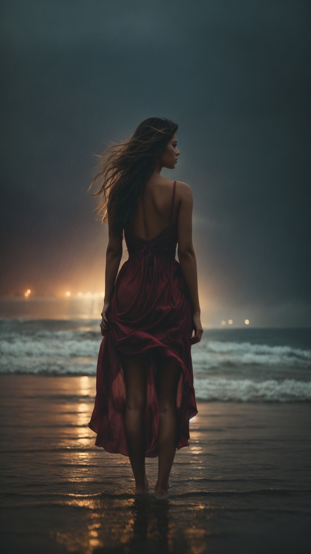 Woman on a rainy beach with stormy seas and lightning