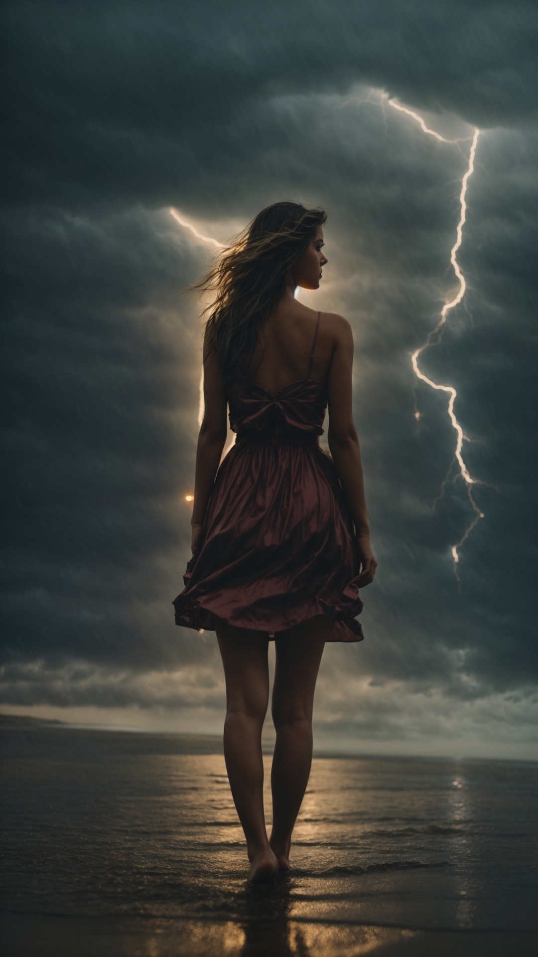 Woman on a rainy beach with stormy seas and lightning