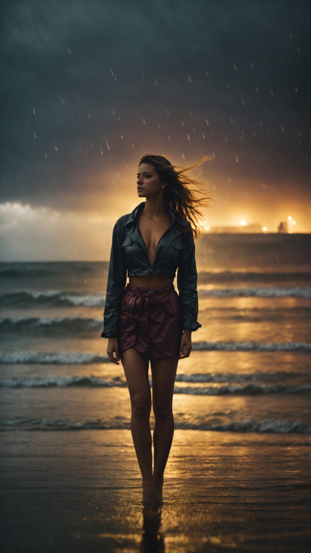 Woman on a rainy beach with stormy seas and lightning