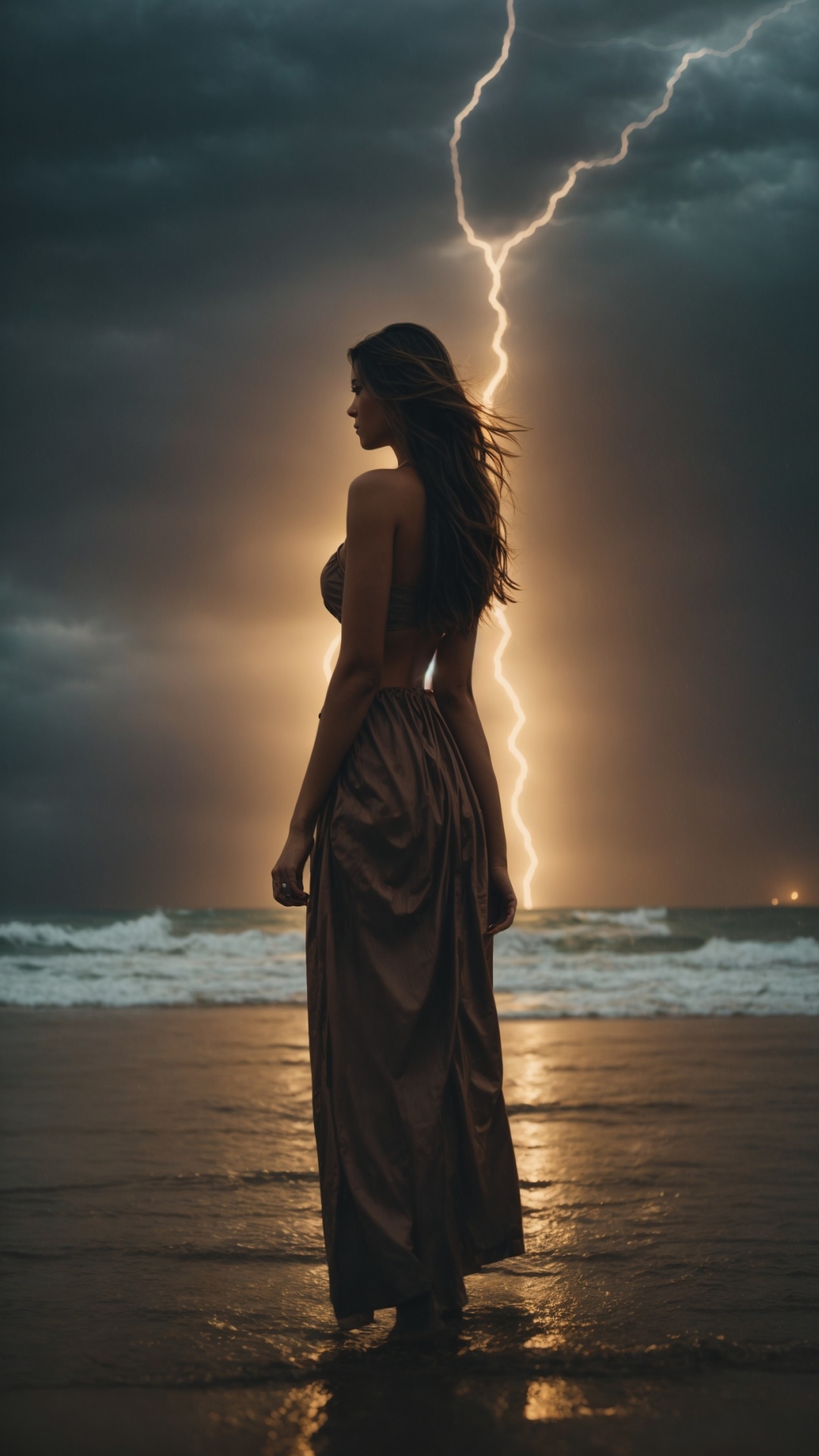 Woman on a rainy beach with stormy seas and lightning