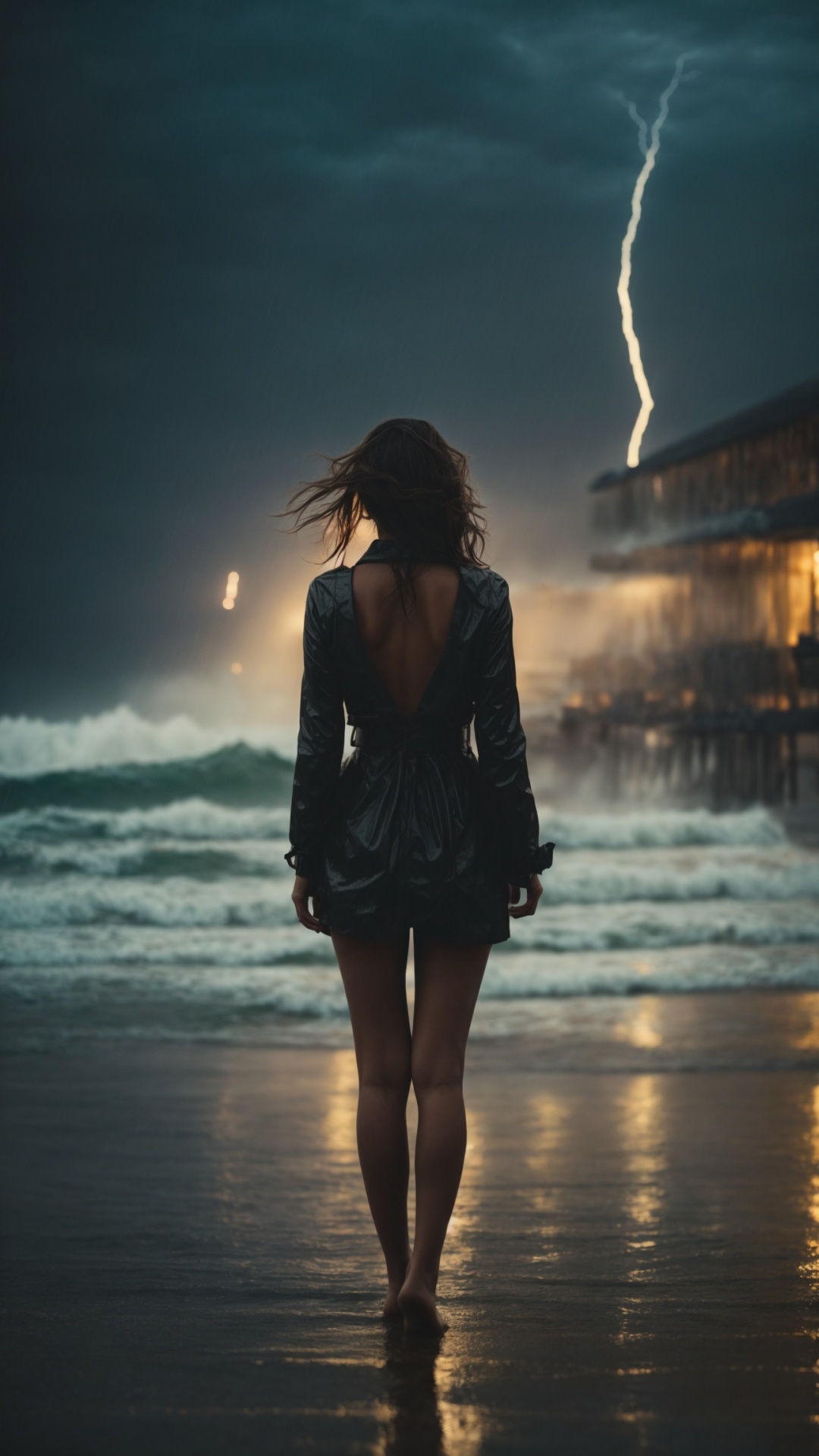 Woman on a rainy beach with stormy seas and lightning