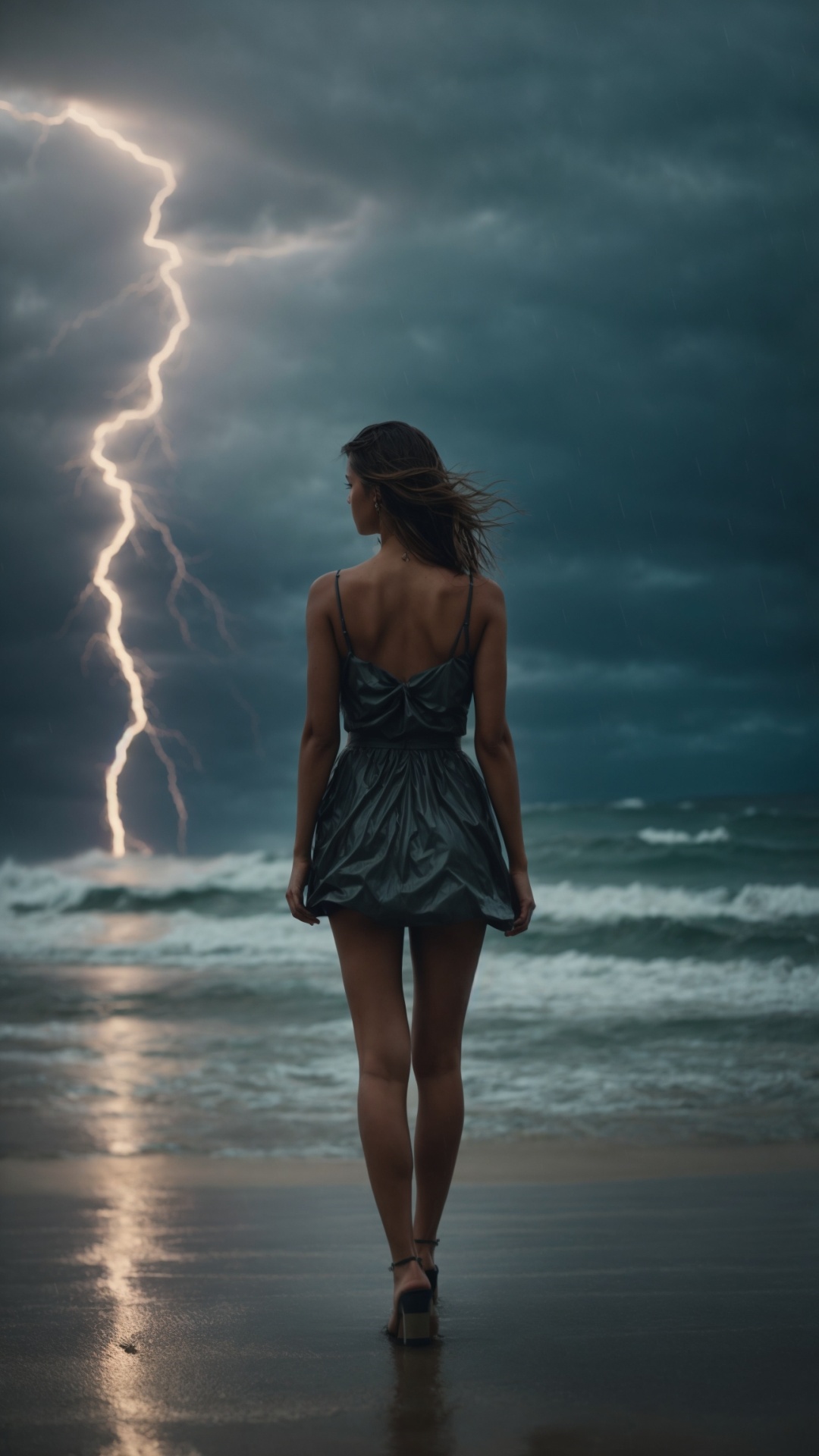 Woman on a rainy beach with stormy seas and lightning