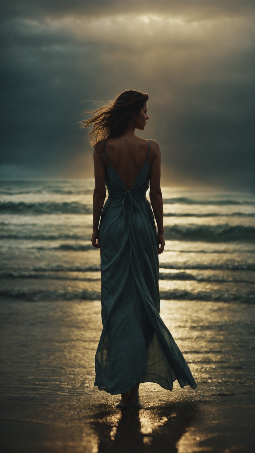 Woman on a rainy beach with stormy seas and lightning