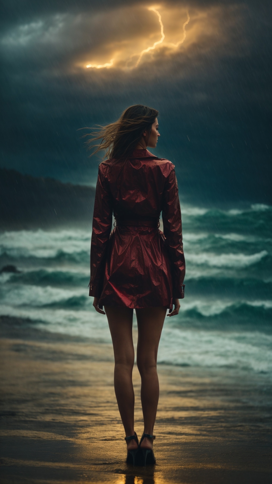 Woman on a rainy beach with stormy seas and lightning