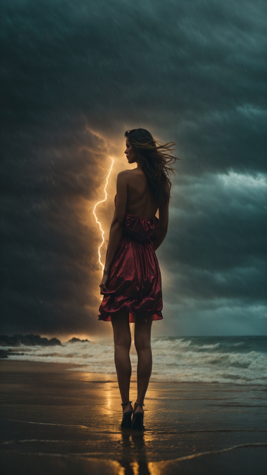 Woman on a rainy beach with stormy seas and lightning
