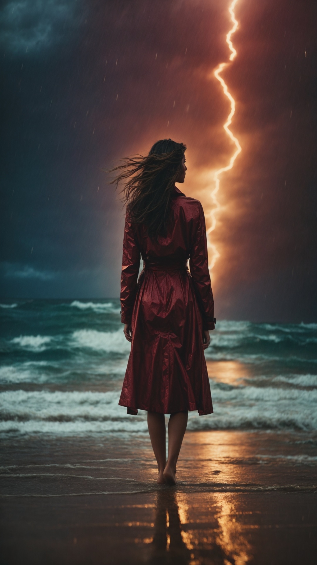 Woman on a rainy beach with stormy seas and lightning