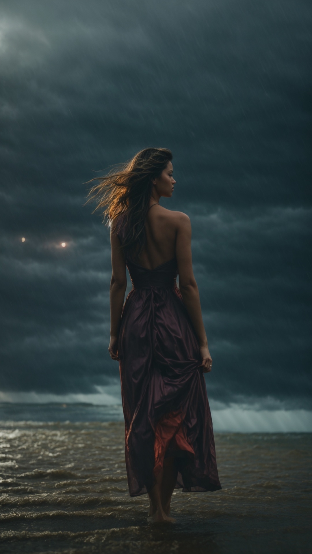 Woman on a rainy beach with stormy seas at night