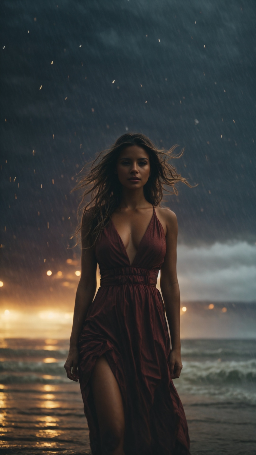 Woman on a rainy beach with stormy seas at night