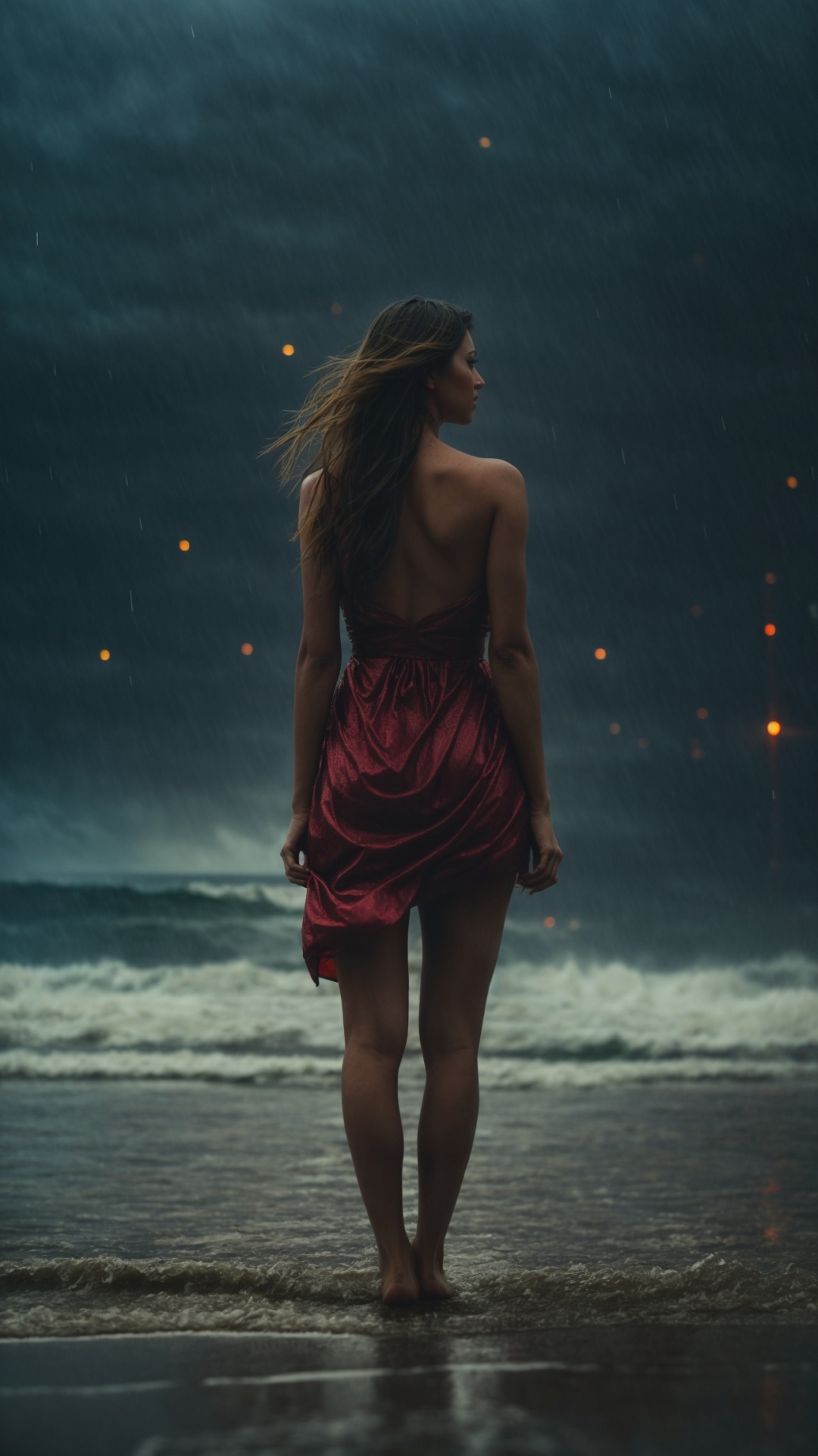 Woman on a rainy beach with stormy seas at night