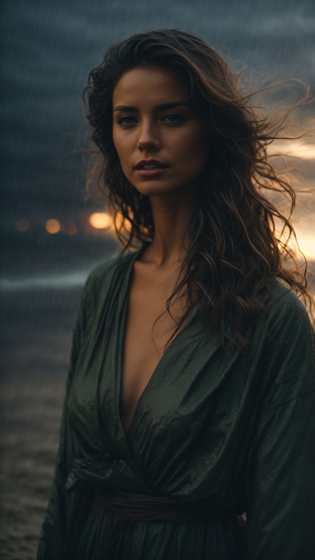 Woman on a rainy beach with stormy seas at night