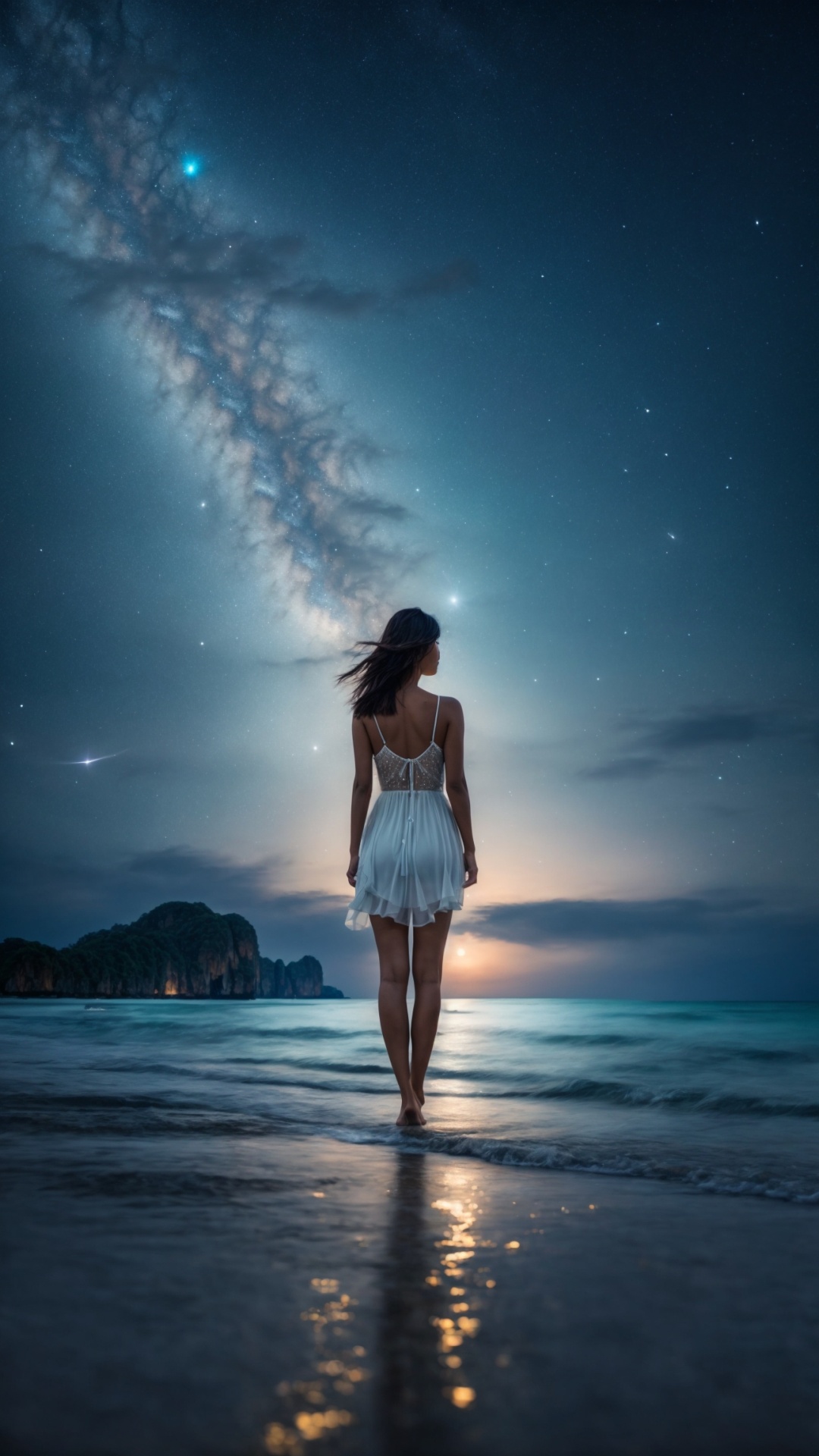 Woman on the beach at night with starry sky