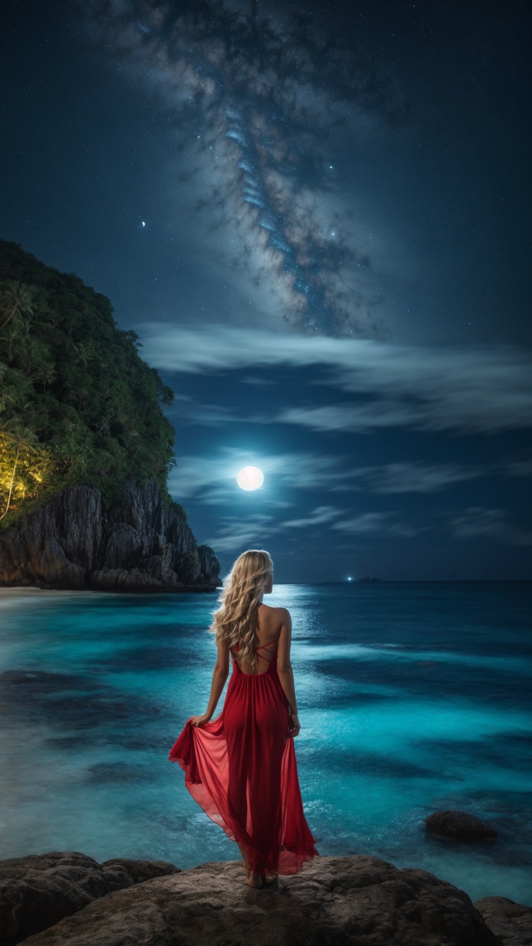 Woman on the beach at night with starry sky