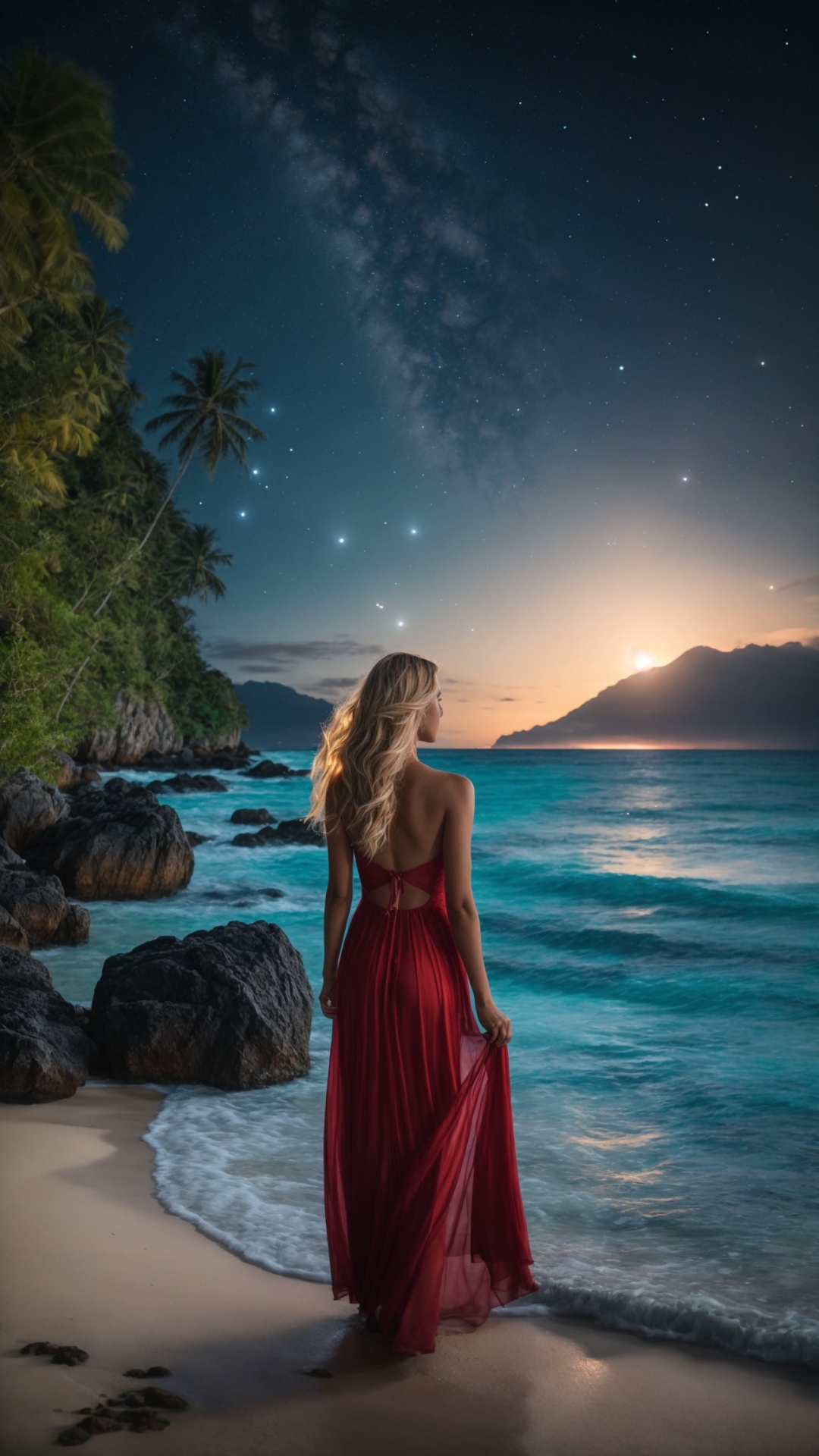 Woman on the beach at night with starry sky