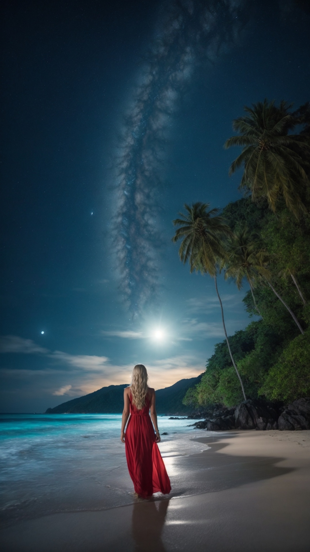 Woman on the beach at night with starry sky