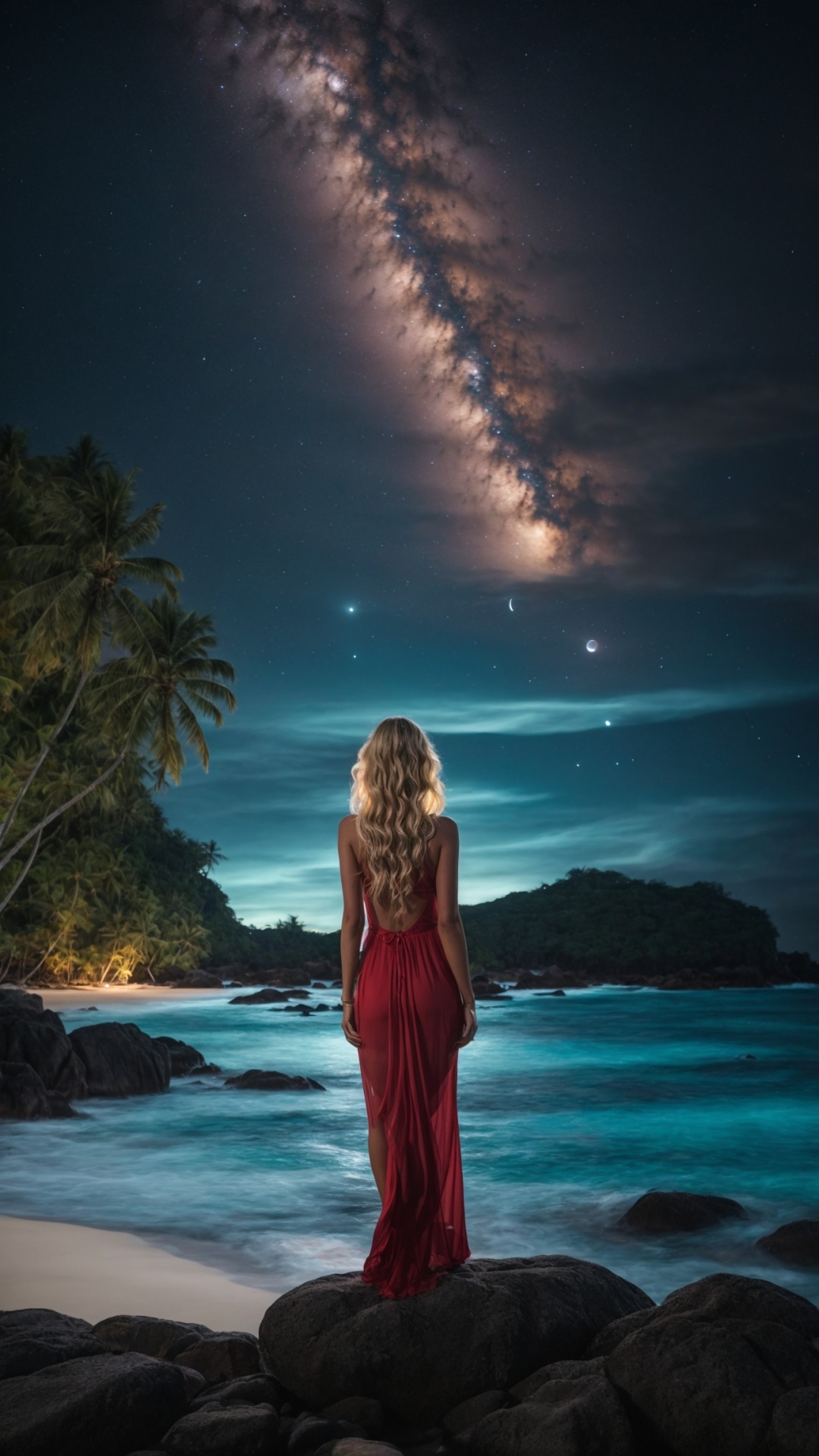 Woman on the beach at night with starry sky
