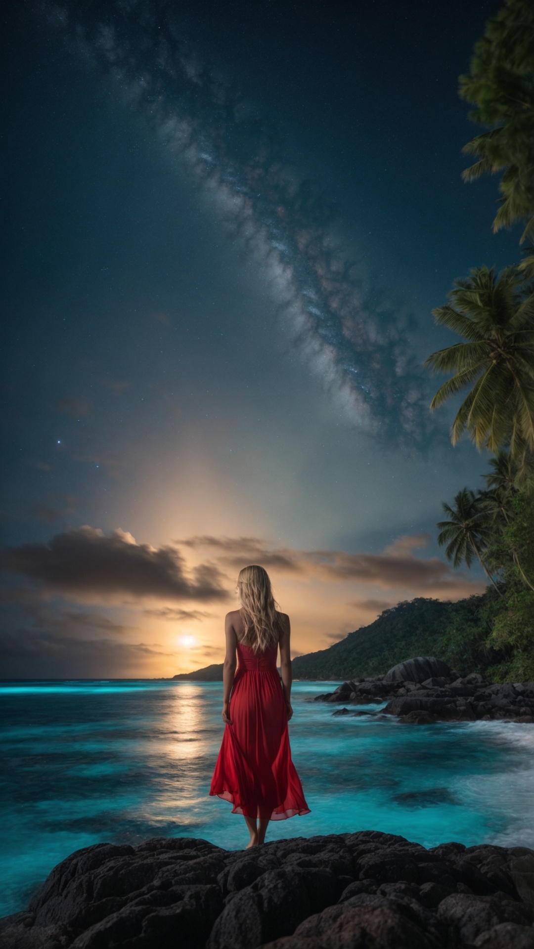 Woman on the beach at night with starry sky