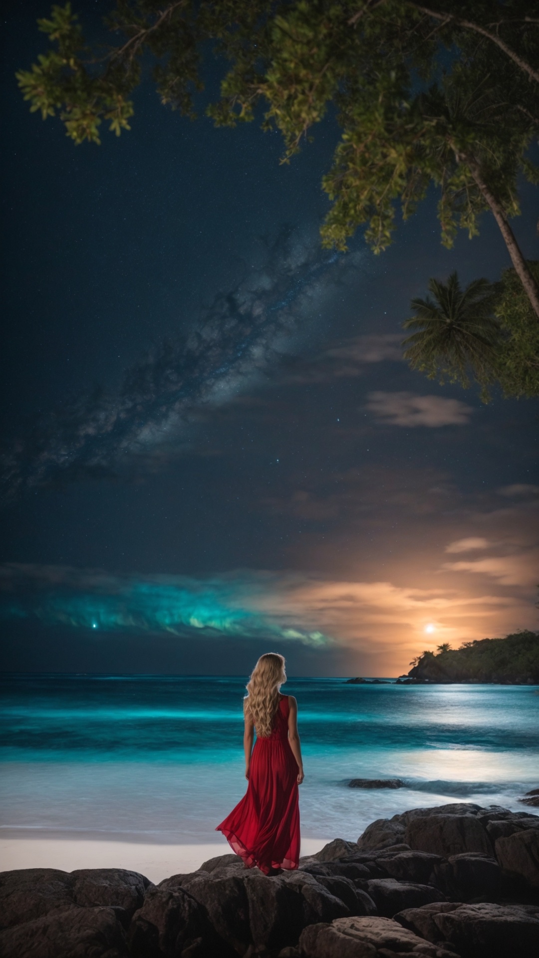 Woman on the beach at night with starry sky