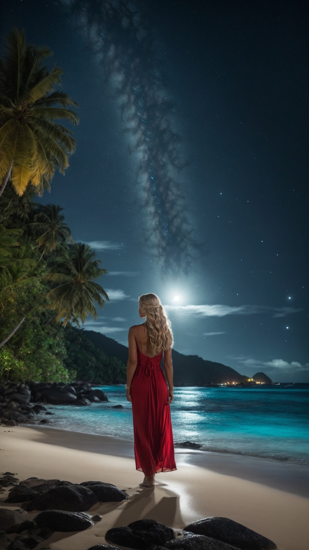 Woman on the beach at night with starry sky