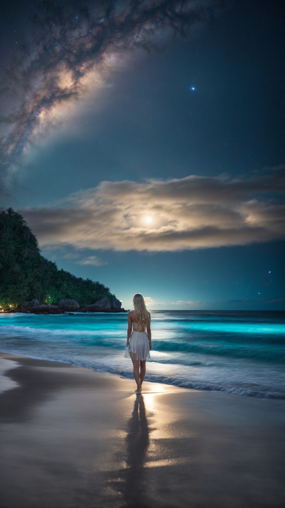 Woman on the beach at night with starry sky