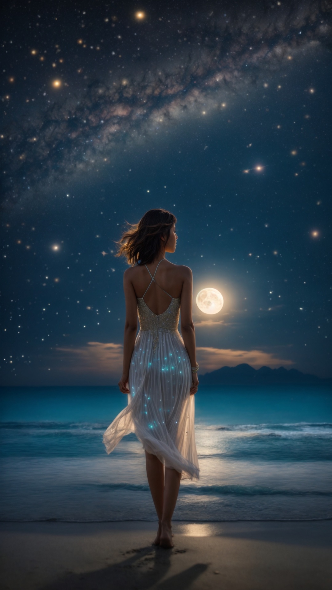 Woman on the beach at night with starry sky